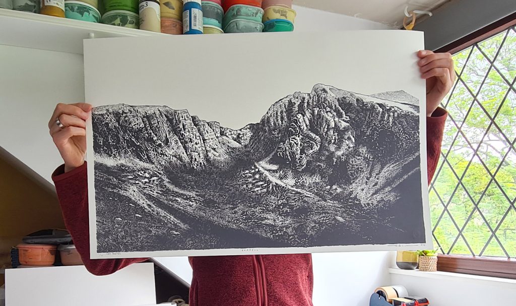 Screen print of Scafell and Scafell Pike Mountains by artist Graham Pilling